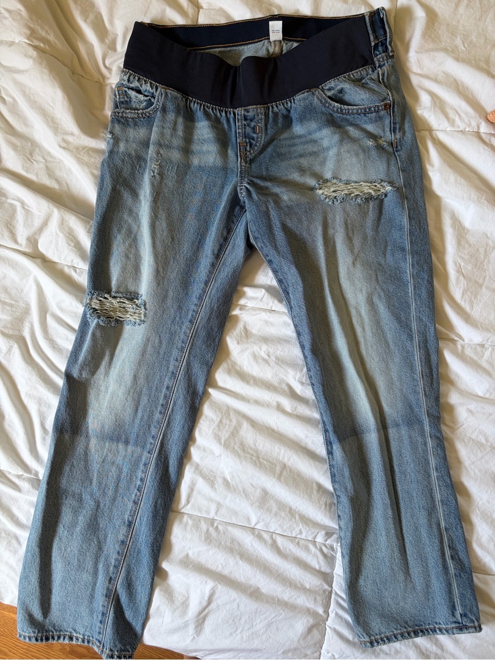 Old Navy Light Blue Distressed Straight-Leg Maternity Jeans with Blue Waistband